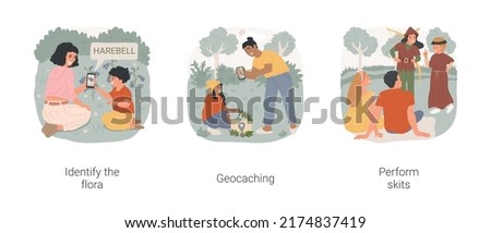 Forest activities isolated cartoon vector illustration set. Identify the flora, walk in the forest, learn plants, geocaching in nature, perform funny skits, family stand-up comedy vector cartoon.