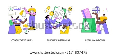 Marketing and promotion abstract concept vector illustration set. Consultative sales, purchase agreement, retail markdown, terms and conditions, product price, b2b selling, discount abstract metaphor.