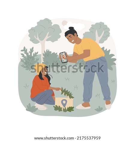 Geocaching isolated cartoon vector illustration. Outdoor recreational activity, child and adult opening a box, using mobile phone gps, treasure-hunting in nature, family travel vector cartoon.