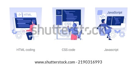 Front end development isolated concept vector illustration set. HTML coding, CSS code, Javascript coding, embed images and videos, IT project, client-side development vector cartoon.