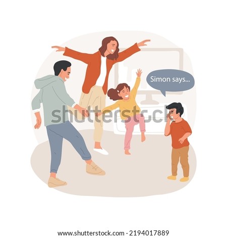 Simon says isolated cartoon vector illustration. Fun game for toddlers, family game night, adults and children standing in funny poses, Simon in front of players saying command vector cartoon. Foto stock © 