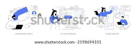 SEO online service abstract concept vector illustration set. Generate more traffic, alt tag optimization, sitemap creation, page navigation, search engine, marketing research abstract metaphor.