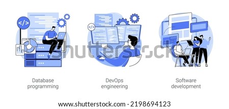 Back end development isolated cartoon vector illustrations set. Database architecture, programming, DevOps engineering, software development process, developer workflow, IT company vector cartoon.