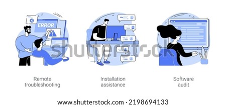 Software maintenance isolated cartoon vector illustrations set. Remote troubleshooting, IT workers deals with bug fixing, program installation assistance, application audit vector cartoon.