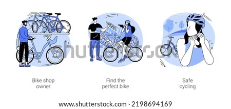 Bike rental isolated cartoon vector illustrations set. Bicycle store business owner consulting client, choosing size of bike for rent, wearing helmet, safe cycling, going on a ride vector cartoon.