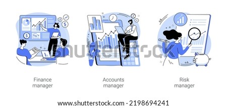 Corporate finance isolated cartoon vector illustrations set. Financial manager make financial report, working with ledger accounts, professional accountant calculates company risks vector cartoon.