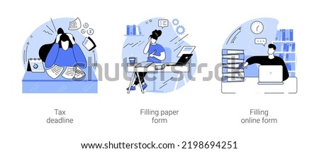 Filing taxes isolated cartoon vector illustrations set. Frustrated person on tax deadline day, filling paper form, accountant manager prepares financial report, filling online form vector cartoon.