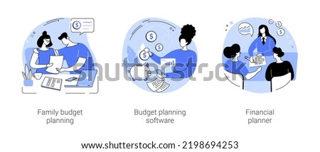 Budget planning isolated cartoon vector illustrations set. Young family planning finances, using smartphone app to calculate expenses, money management service, financial planner vector cartoon.