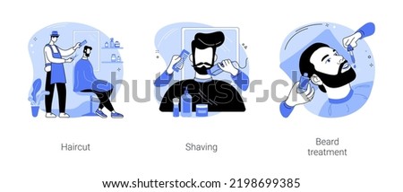 Barbershop isolated cartoon vector illustrations set. Stylish man getting haircut in barbershop, shaving beard in salon, professional barber applies cosmetics, men beauty salon vector cartoon.
