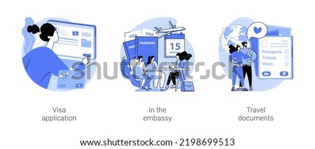 Getting visas isolated cartoon vector illustrations set. Woman applying for a visa online using laptop, couple with passports in the embassy, travel documents ready, go on vacation vector cartoon.