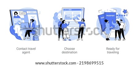 Tour agency isolated cartoon vector illustrations set. Contact travel agent by phone, selling all included vacation, couple choose destination for holidays, ready for traveling vector cartoon.