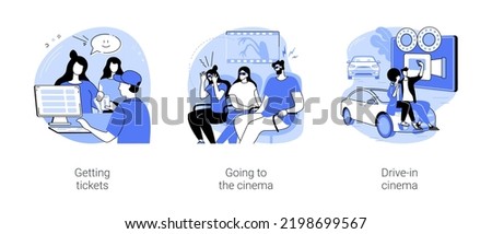 Evening outing isolated cartoon vector illustrations set. Getting tickets to event, going to the cinema, drive-in cinema, leisure time together, people urban lifestyle vector cartoon.
