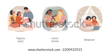 Night time kids party isolated cartoon vector illustration set. Family wearing same pajamas, night time kids activity, children tell horror story under blanket, kid sleepover party vector cartoon.