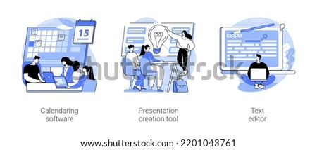Working with software isolated cartoon vector illustrations set. Business people using online professional calendar, cloud-based presentation creation tool, edit document text editor vector cartoon.