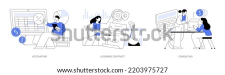 Professional help abstract concept vector illustration set. Accounting, licensing contract, consulting firm, tax advisor, audit service, expert advice, software copyright, agreement abstract metaphor.