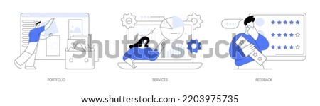 Corporate website menu bar abstract concept vector illustration set. Portfolio and services, feedback page, website design, site navigation, user experience, catalog landing page abstract metaphor.