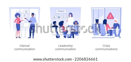 Business communication isolated concept vector illustration set. Internal communication, corporate leadership thinking, anticrisis strategy, business etiquette, company rules vector cartoon.