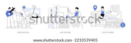 Residential and commercial property abstract concept vector illustration set. Real estate services, mortgage loan, auction house, estate planning, down payment, attorney advise abstract metaphor.