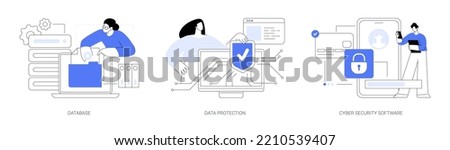 Cloud computing network safety abstract concept vector illustration set. Database data protection, cyber security software, information storage service, access policy, antivirus abstract metaphor.