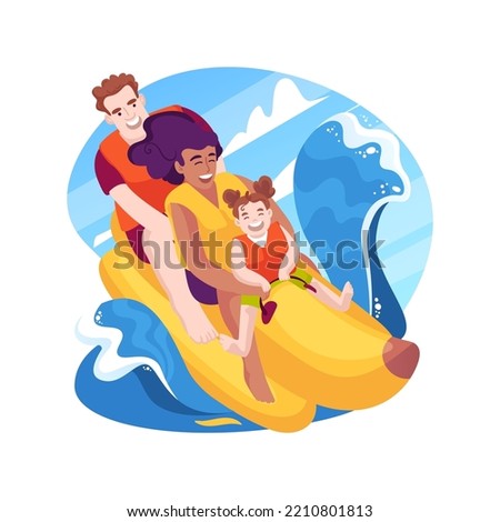 Banana boat isolated cartoon vector illustration. Family members wearing life jackets, banana boat ride, parents and kids sitting and laughing, seaside activity, beach fun vector cartoon.