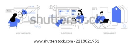 Analytics software abstract concept vector illustration set. Marketing research, click tracking, tag management, focus group, target audience, data collection, digital survey abstract metaphor.