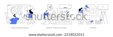 Repair and maintenance services abstract concept vector illustration set. Computer troubleshooting, DIY repair of household appliances, warranty, video tutorial, problem fix abstract metaphor.