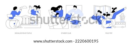 School environment abstract concept vector illustration set. Socialization of pupils, student club, field trip, after-school activity, college association, social interaction abstract metaphor.