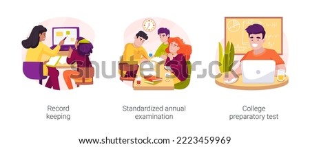 Middle and high school student testing isolated cartoon vector illustration set. Record keeping, standardized annual examination, college preparatory test, timer on computer screen vector cartoon.