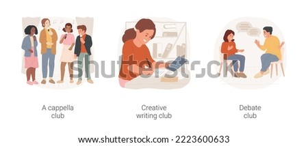 Middle school clubs isolated cartoon vector illustration set. A cappella singing, creative writing workshop, debate student club, public speech on topic, middle school student vector cartoon.