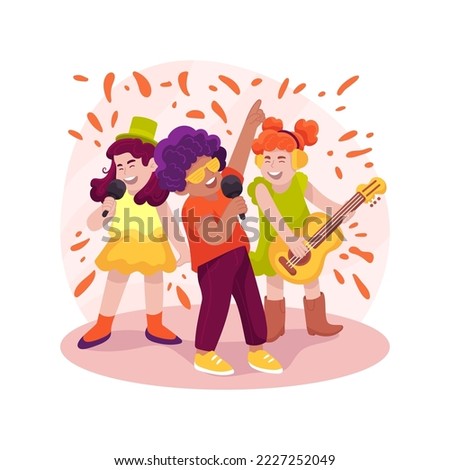Singing with children isolated cartoon vector illustration. Karaoke Birthday celebration, children in fun costumes and wigs, holding microphone, disco party, singing entertainer vector cartoon.