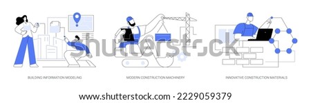 Construction technology innovation abstract concept vector illustration set. Building information modeling, modern construction machinery, new construction material, heavy equipment abstract metaphor.