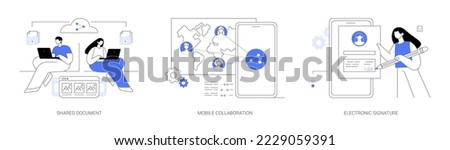 Collaborative document abstract concept vector illustration set. Shared document, mobile collaboration, electronic signature, public folder access, editing online, cloud service abstract metaphor.