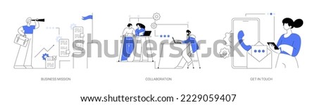 Company goals and philosophy abstract concept vector illustration set. Business mission, working team collaboration, get in touch, feedback online form, company address, live chat abstract metaphor.