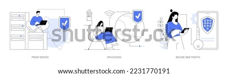 Internet security settings abstract concept vector illustration set. Proxy server, VPN access, secure web traffic, IP address, network access, connectivity, encrypted data transfer abstract metaphor.