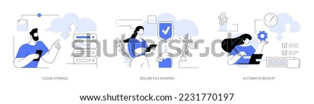 Database security abstract concept vector illustration set. Cloud storage, secure file sharing, automatic backup, file hosting, data recovery and synchronization, external drive abstract metaphor.