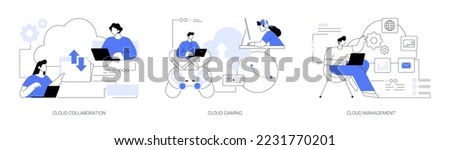 Cloud service abstract concept vector illustration set. Cloud collaboration, online gaming platform, system management, data storage, video and file streaming, remote business abstract metaphor.