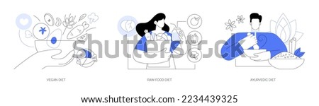 Nutrition plan abstract concept vector illustration set. Vegan diet, raw food organic meal, ayurvedic diet, healthy lifestyle, lose weight and feel better, vegetarian eating, greens abstract metaphor.