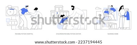Medical facility abstract concept vector illustration set. Rehabilitation hospital, childrens healthcare center, nursing home, medical conditions, mental health care, retiree house abstract metaphor.