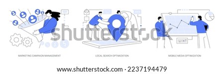 Sales and SEO digital strategy abstract concept vector illustration set. Generating new leads, local search optimization, mobile media, sales funnel, crm, communication channel abstract metaphor.