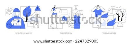 Firefighting service abstract concept vector illustration set. Prevention of wildfire, fire protection and consequences, smoke detector, save wildlife, fire alarm system abstract metaphor.