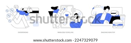 Addictive habits abstract concept vector illustration set. Overspending, mindlessly scrolling, snacking non-stop, social media addiction, diet and nutrition, junk food abstract metaphor.