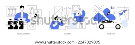 Public objection and disapproval abstract concept vector illustration set. Political protest, boycott, mass riots, demonstration, mass protest, consumer activism, street action abstract metaphor.