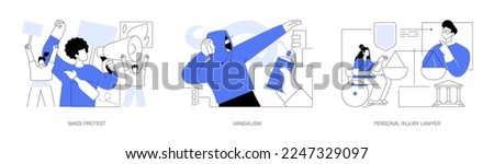Riots outrage abstract concept vector illustration set. Mass protest, vandalism, personal injury lawyer, demonstration, political rights, racial equity, law enforcement, damage abstract metaphor.