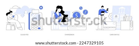 Retail software abstract concept vector illustration set. Cloud POS, chargeback, card-on-File, sale and transaction data storage, bank account, consumer credentials, reward abstract metaphor.