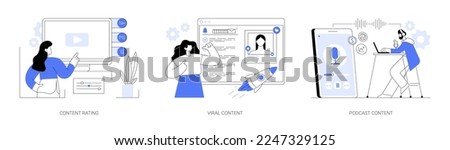 Media and tv content abstract concept vector illustration set. Content rating, viral content, podcast creation, games and apps, video production, engaging marketing, entertainment abstract metaphor.