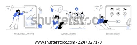 Marketing strategies abstract concept vector illustration set. Transactional and diversity marketing, customer persona, individual sales, customized advertising, target audience abstract metaphor.