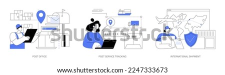 Parcel delivery abstract concept vector illustration set. Post office, post service tracking, international priority shipment, package tracking number, online shopping, mail box abstract metaphor.