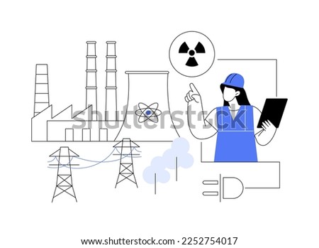 Nuclear energy abstract concept vector illustration. Nuclear power plant, sustainable energy source, cooling towers, uranium atom, distribution system, generate electricity abstract metaphor.