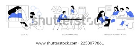 Criminal lawyer abstract concept vector illustration set. Legal aid, study criminal case, representing client in trial, presumption of innocence, evidence in court abstract metaphor.