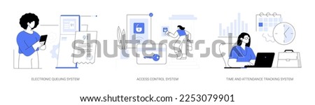 Digital tracking systems abstract concept vector illustration set. Electronic queuing system, access control system, time and attendance tracking, monitoring software, fingerprint abstract metaphor.